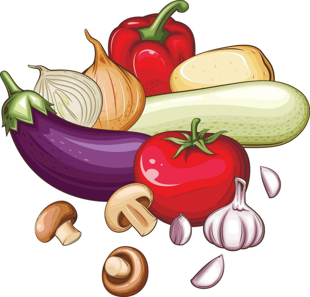 vers groenten illustratie, groenten mengen van aardappel, tomaat, ui, paddestoel, knoflook, aubergine en klok peper vector