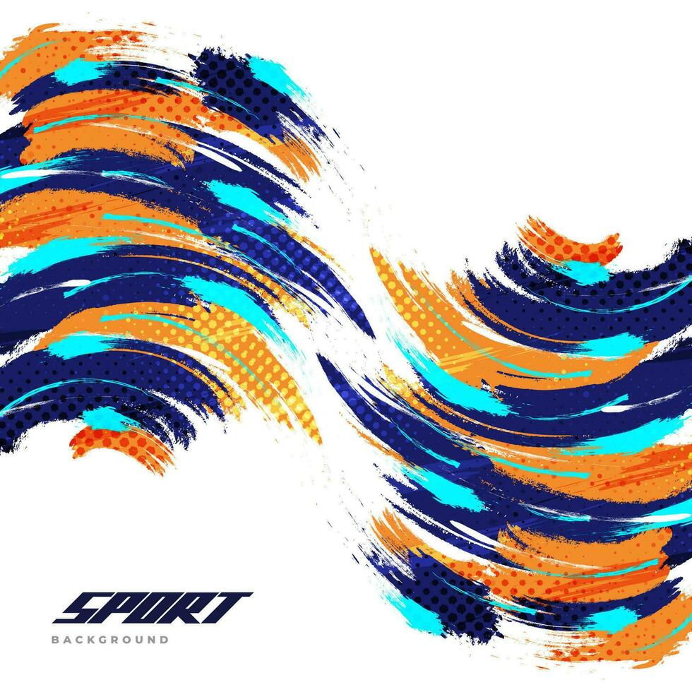 abstract en kleurrijk borstel achtergrond met halftone effect. sport banier gedomineerd met blauw en oranje kleur. borstel beroerte illustratie. krassen en structuur elementen voor ontwerp vector