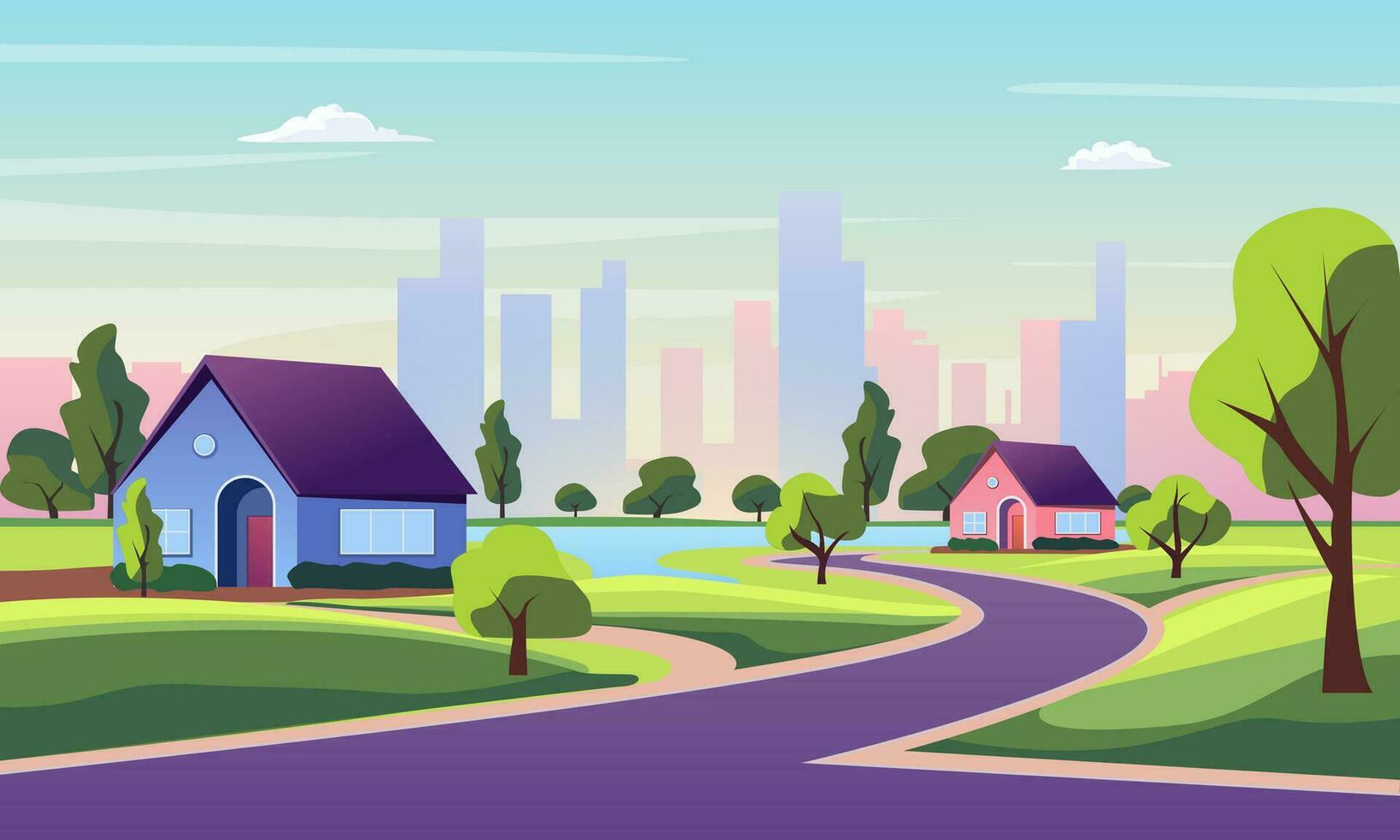 tekenfilm kleur voorstad wijk huizen landschap tafereel concept. vector