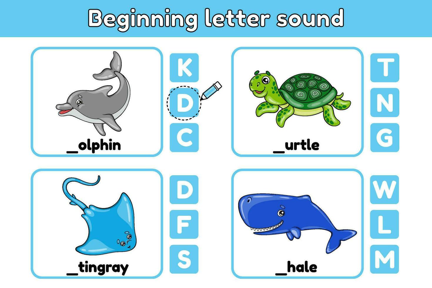 leerzaam spel voor kinderen met zee dieren. werkblad voor aan het leren engels. Kiezen begin brief woorden. spelling opleiding kinderen. tekenfilm dolfijn, schildpad, pijlstaartrog, walvis. vector illustratie.