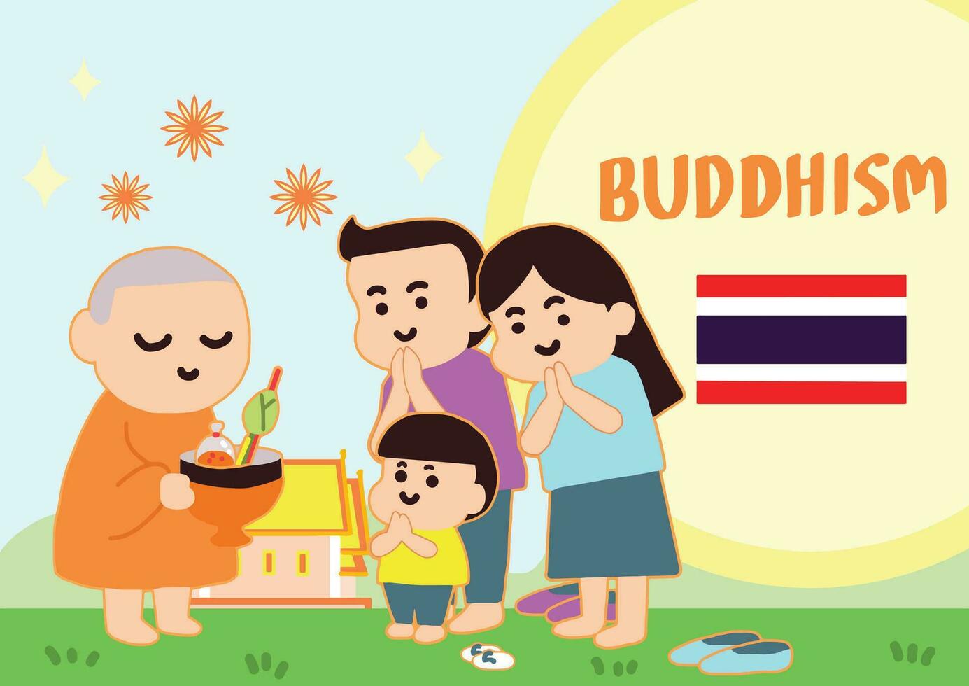 mensen maken verdienste aanbiedingen naar monniken in tekenfilm stijl geschilderd vlak - Thais vlag. vector