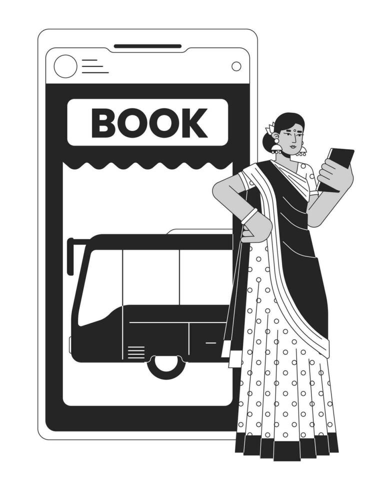 buying ticket Aan bus online bw concept vector plek illustratie. vrouw in sari gebruik makend van smartphone 2d tekenfilm vlak lijn monochromatisch karakter voor web ui ontwerp.bewerkbaar geïsoleerd schets held beeld