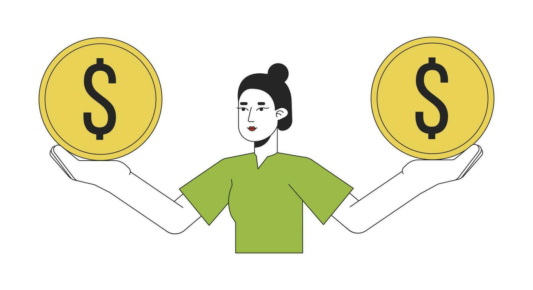 schattig Aziatisch vrouw Holding munten Aan handen vlak lijn kleur vector karakter. balans in financiën. bewerkbare schets vol lichaam persoon Aan wit. gemakkelijk tekenfilm plek illustratie voor web grafisch ontwerp