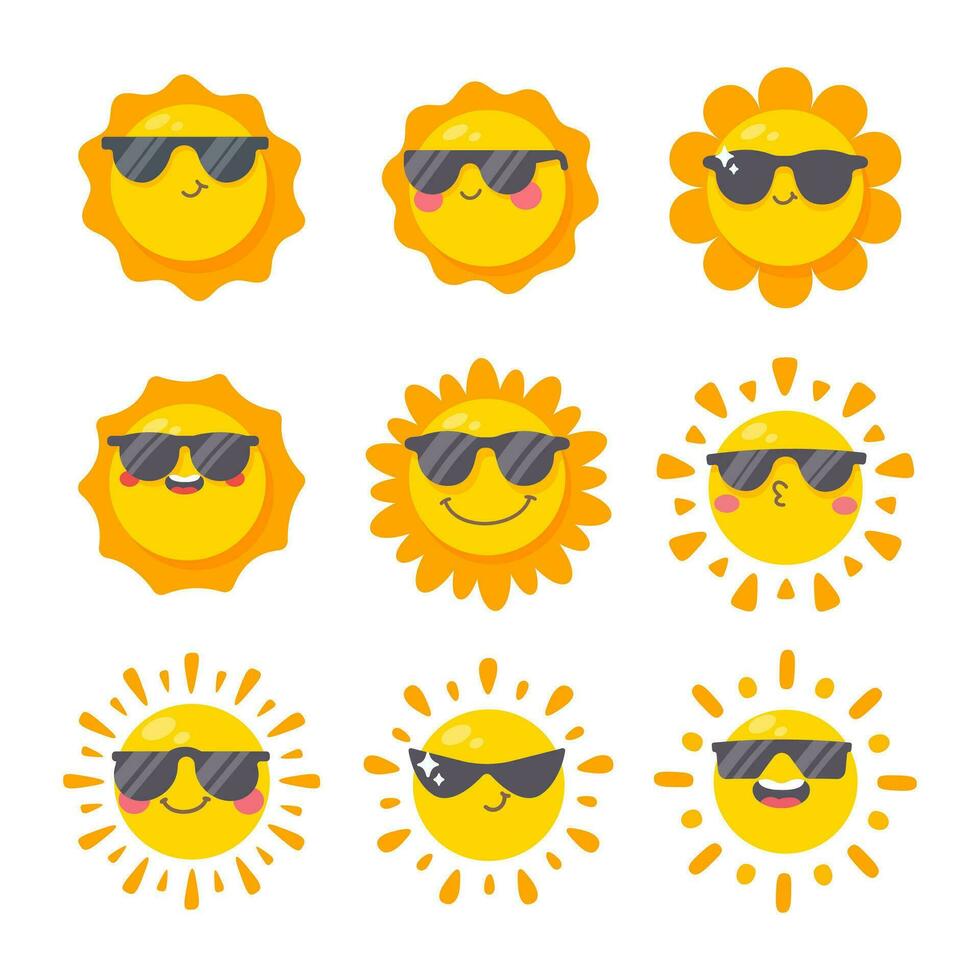 glimlachen zon tekenfilm vervelend zonnebril zomer reizen concept bescherming van zon stralen vector