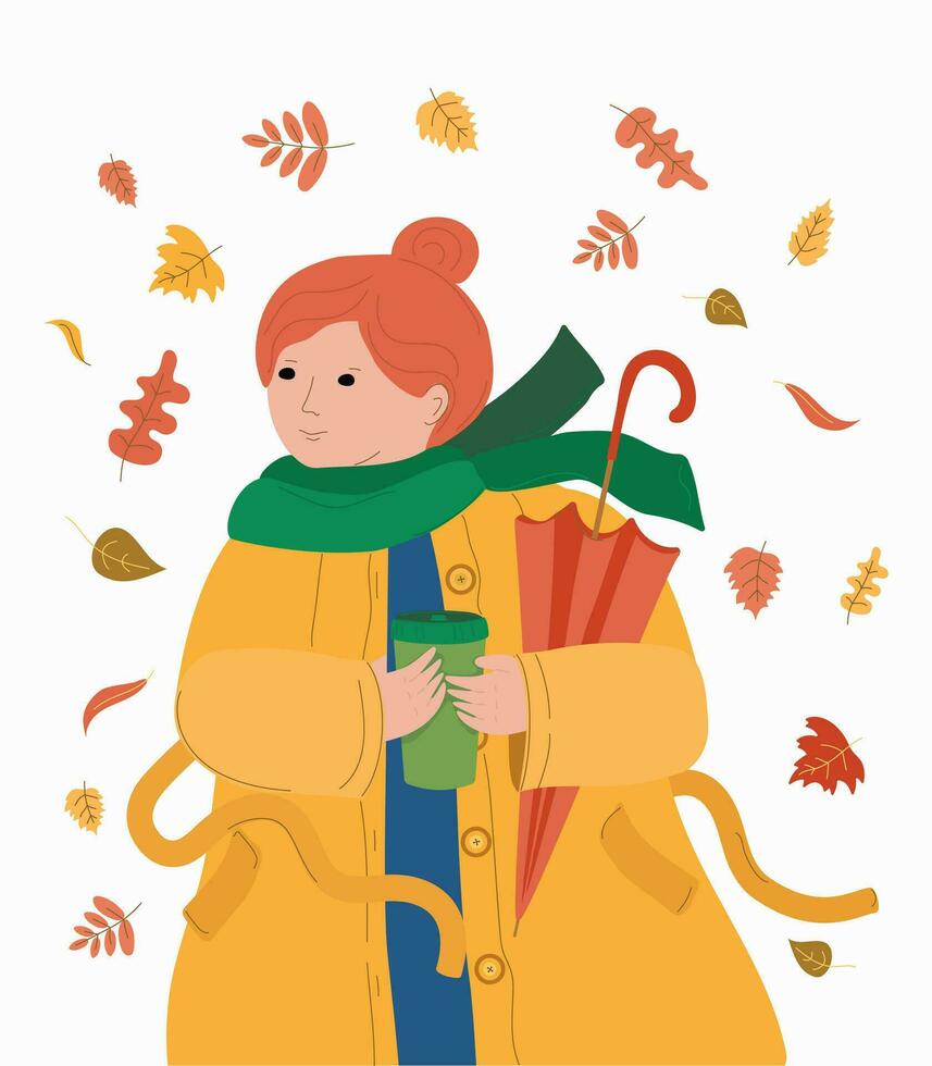 een jong vrouw, een meisje in een regenjas met een glas van heet koffie wandelingen in de herfst park. herfst bladeren, Gesloten paraplu. gelukkig uitdrukking. vector illustratie, geïsoleerd wit achtergrond.