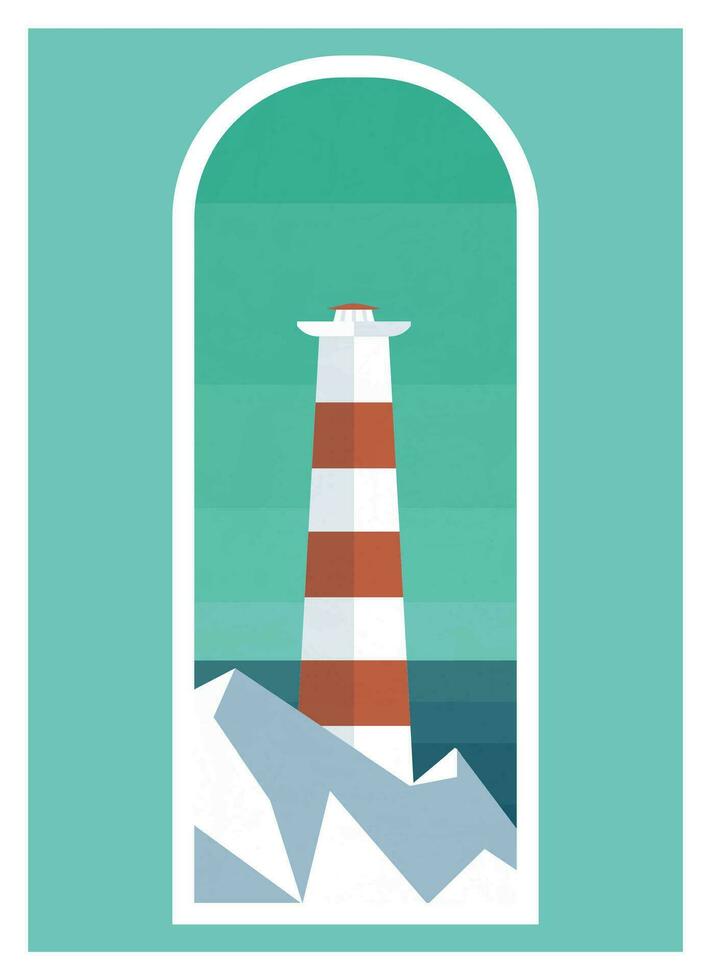 visie Aan vuurtoren in de nacht oceaan illustratie poster vector