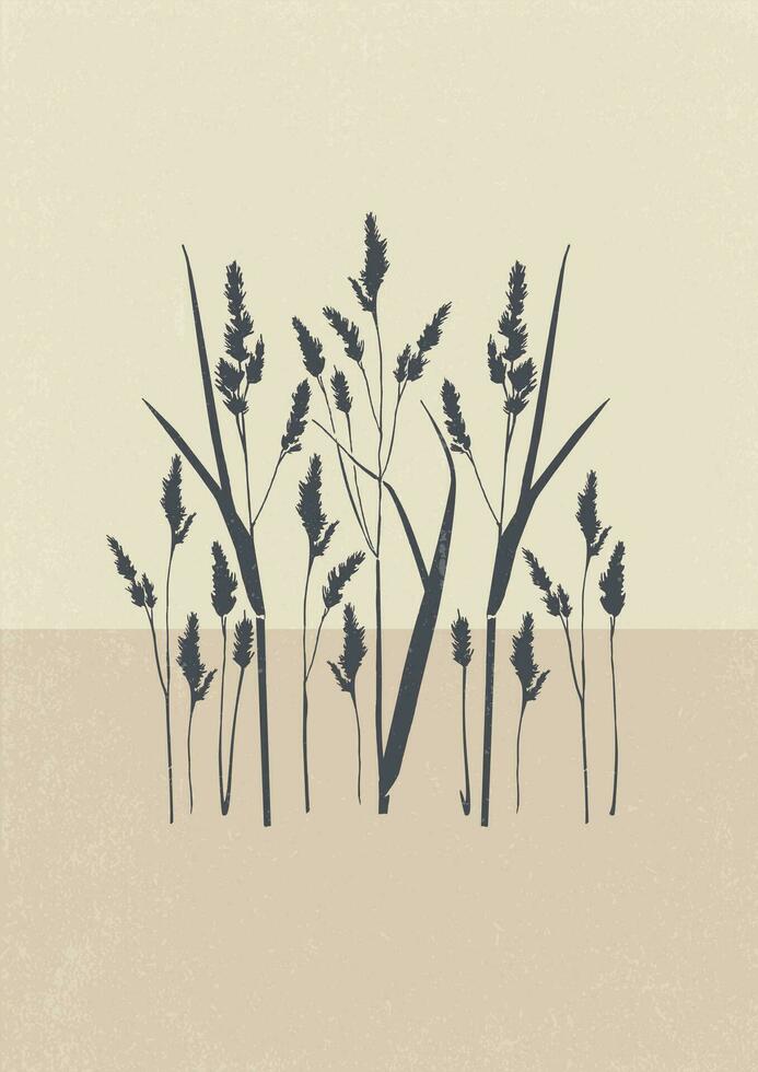 kunst poster in pastel kleur met gras, Aan de strand illustratie. silhouetten van planten Aan beige. modern monochroom vector poster voor ontwerp in wijnoogst stijl.