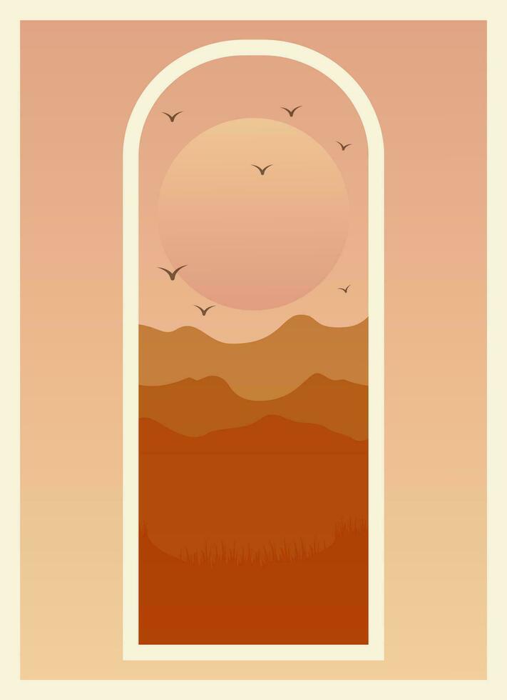 landschap esthetisch woestijn venster visie poster. modern boho achtergrond met zon en duinen, minimalistische muur decor. vector kunst afdrukken