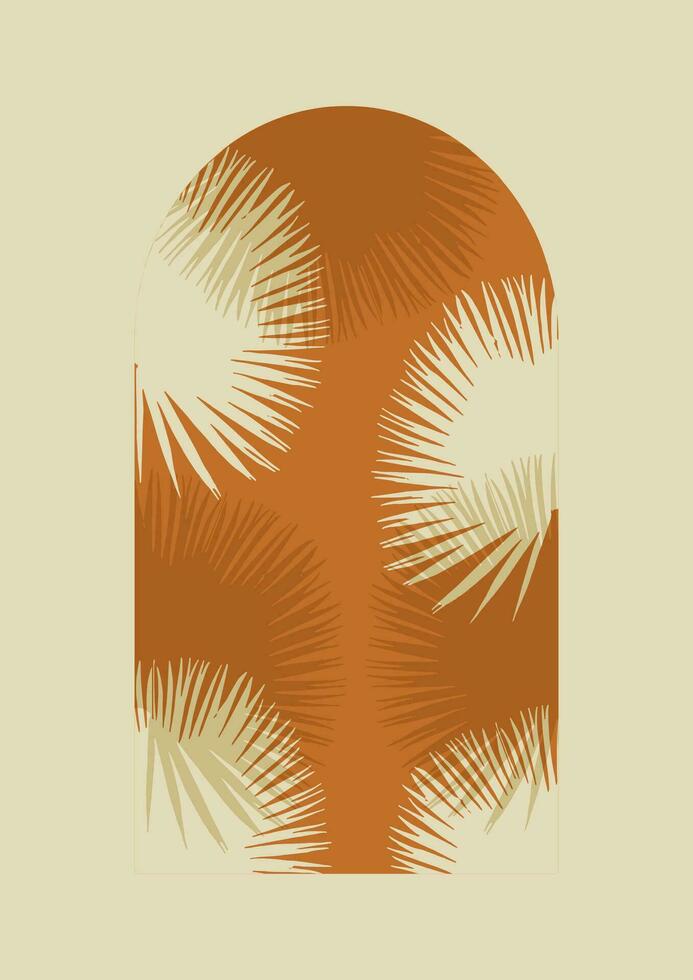 palm bladeren in deur boog muur kunst esthetisch illustratie poster. neutrale boho kunst afdrukken. minimaal midden eeuw kunst afdrukken voor slaapkamer decor. vector