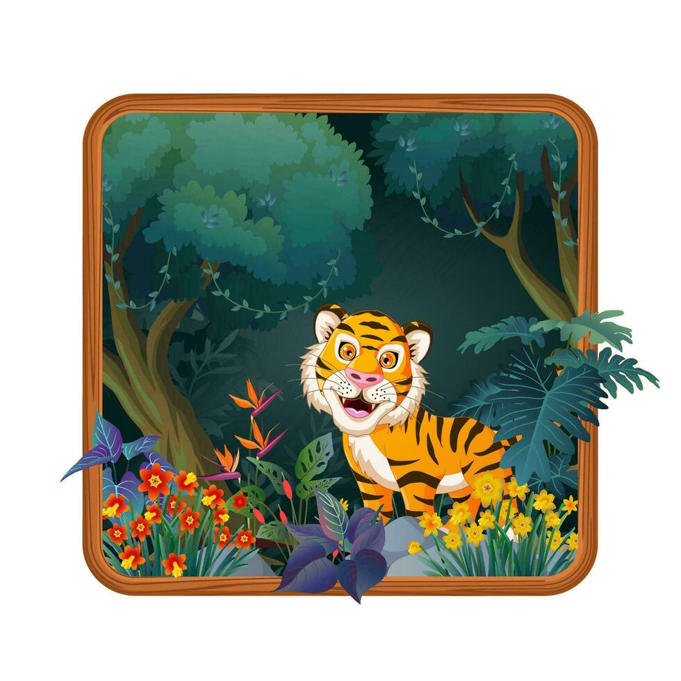 schattig tijger tekenfilm met tropisch Woud achtergrond kader vector