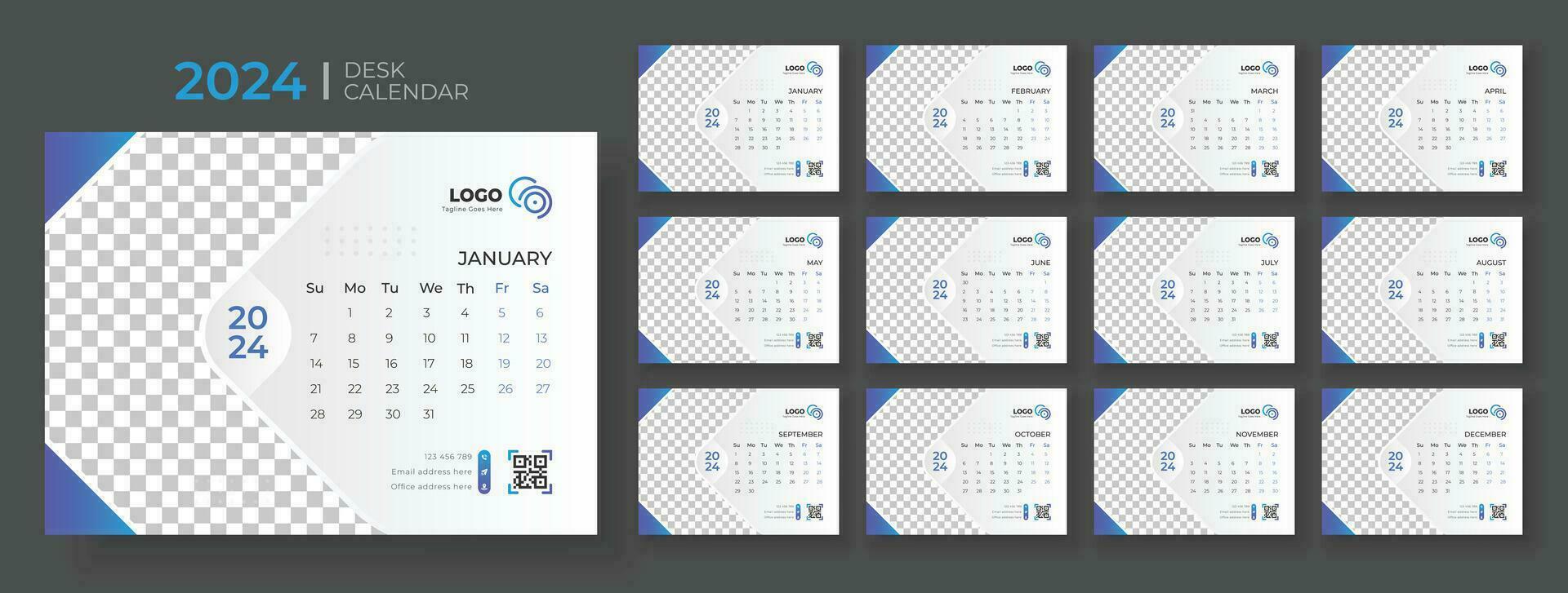 modern bureau kalender 2024, kantoor kalender 2024,week begint Aan zondag, sjabloon voor jaar- kalender 2024. vector