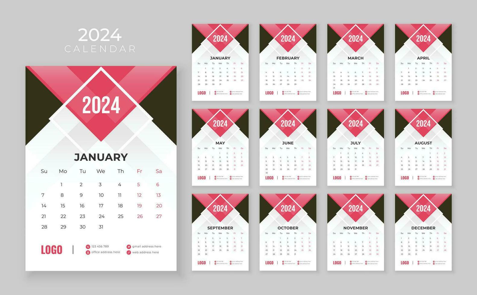 muur kalender 2024, vector muur kalender 2024, zakelijke en bedrijf ontwerper sjabloon in engels, week begin zondag, muur kalender in een minimalistische stijl