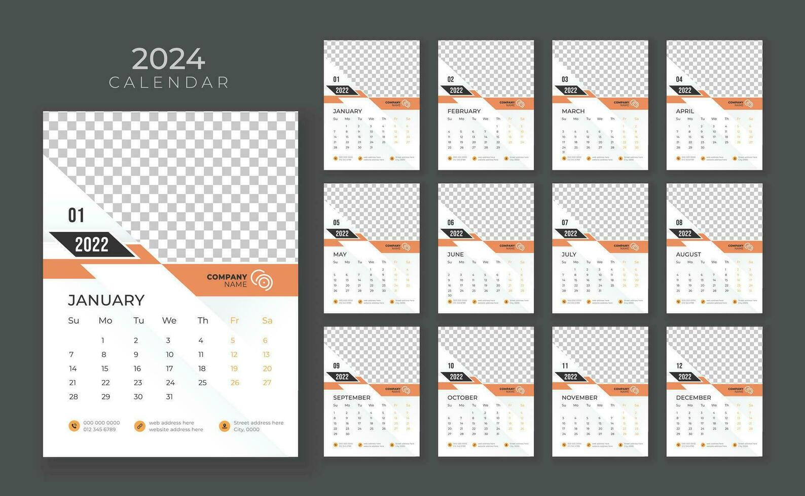 muur kalender 2024, bedrijf kalender sjabloon, week begin zondag, vector muur kalender 2024, muur kalender in een minimalistische stijl