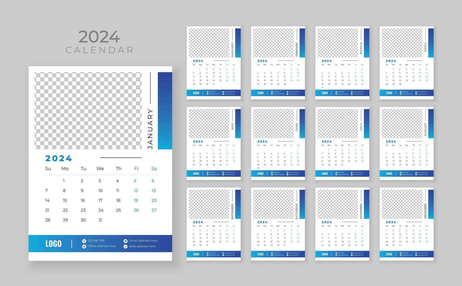 muur kalender 2024, vector muur kalender 2024, zakelijke en bedrijf ontwerper sjabloon in engels, week begin zondag, muur kalender in een minimalistische stijl