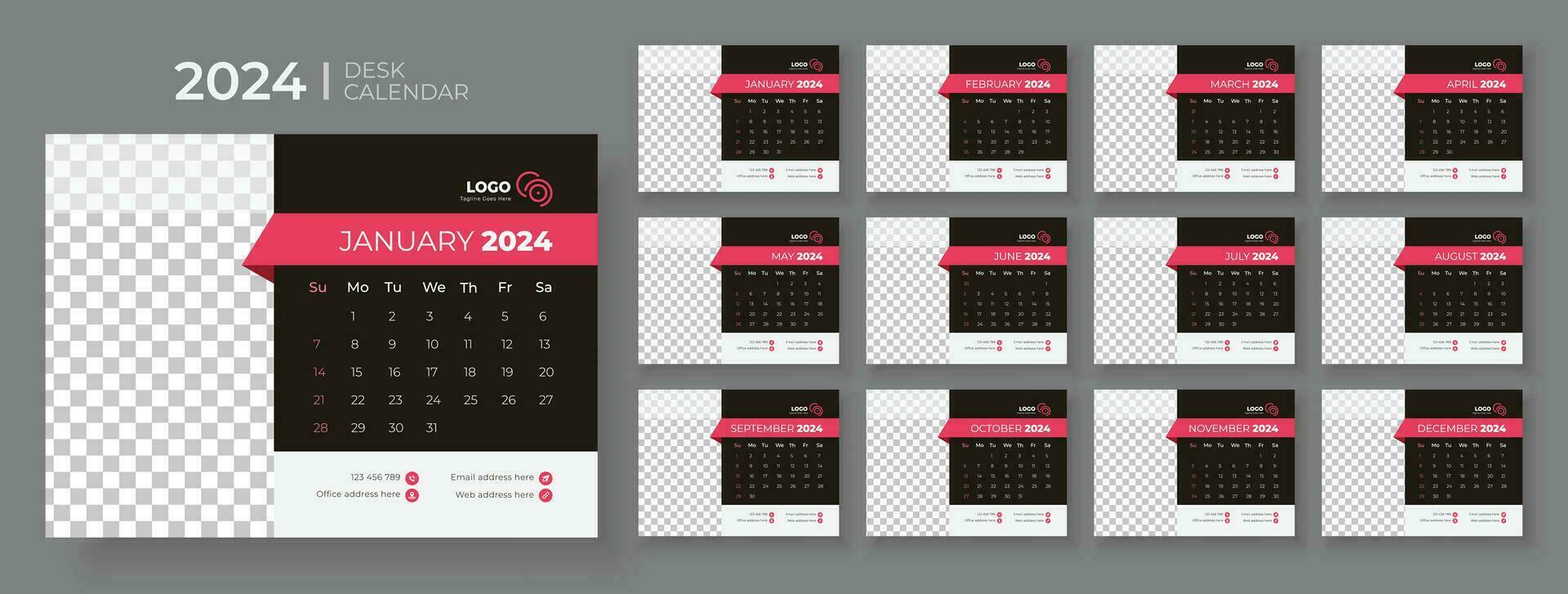 bureau kalender sjabloon 2024, week begint Aan zondag, ontwerper voor 2024 jaar, sjabloon voor jaar- kalender 2024 vector