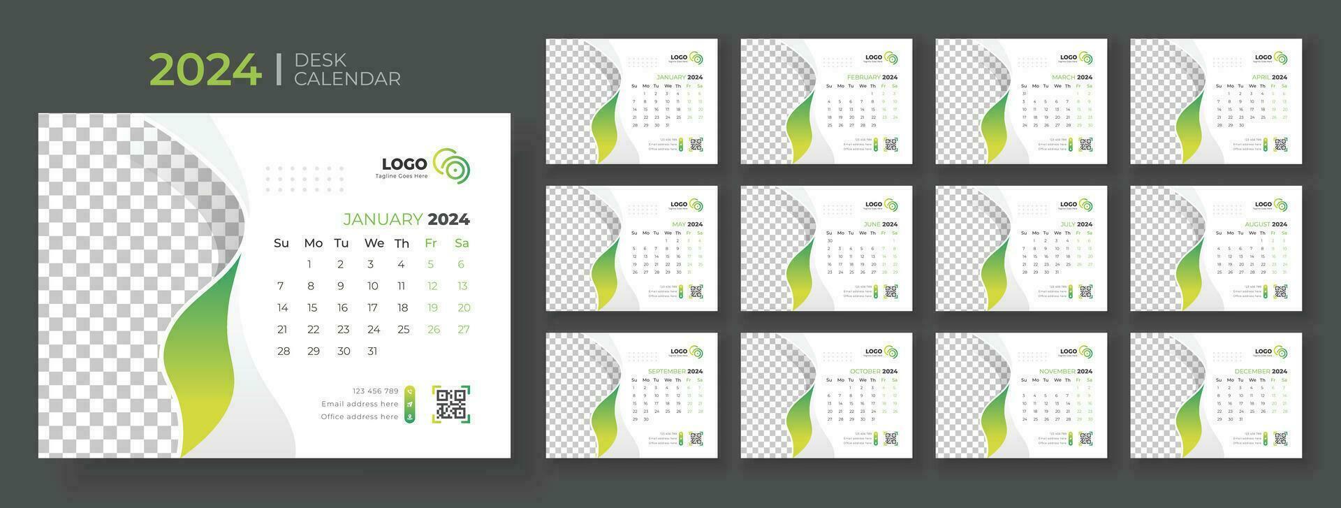 modern bureau kalender 2024, kantoor kalender 2024,week begint Aan zondag, sjabloon voor jaar- kalender 2024. vector