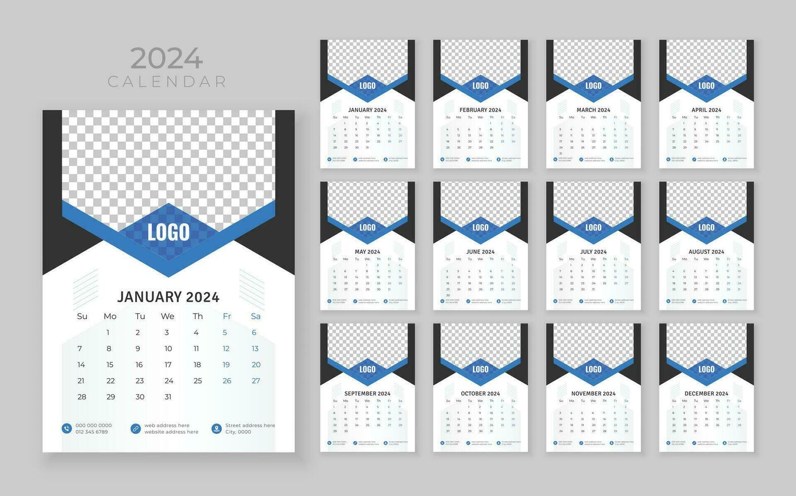 vector muur kalender 2024, muur kalender 2024, bedrijf kalender sjabloon, week begin zondag, muur kalender in een minimalistische stijl