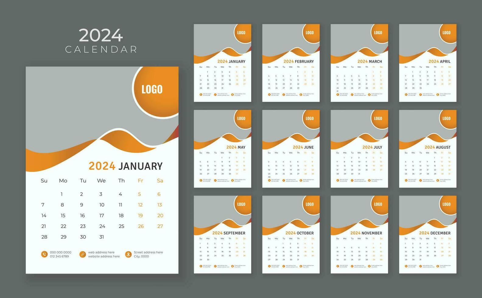 12 bladzijde muur kalender 2024, bedrijf kalender sjabloon, week begin zondag, muur kalender in een minimalistische stijl vector