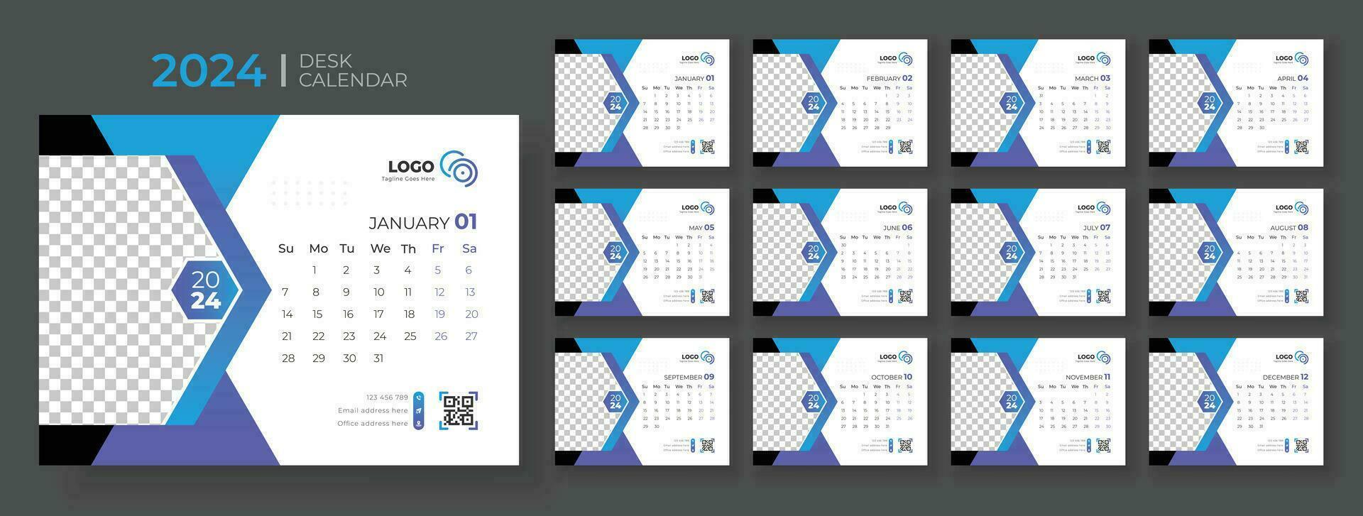 modern bureau kalender 2024, kantoor kalender 2024,week begint Aan zondag, sjabloon voor jaar- kalender 2024. vector