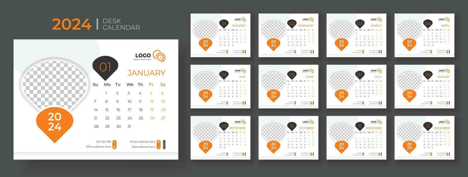 bureau kalender 2024 sjabloon ontwerp, kantoor kalender 2024,week begint Aan zondag, ontwerper voor 2024 jaar, sjabloon voor jaar- kalender 2024 vector