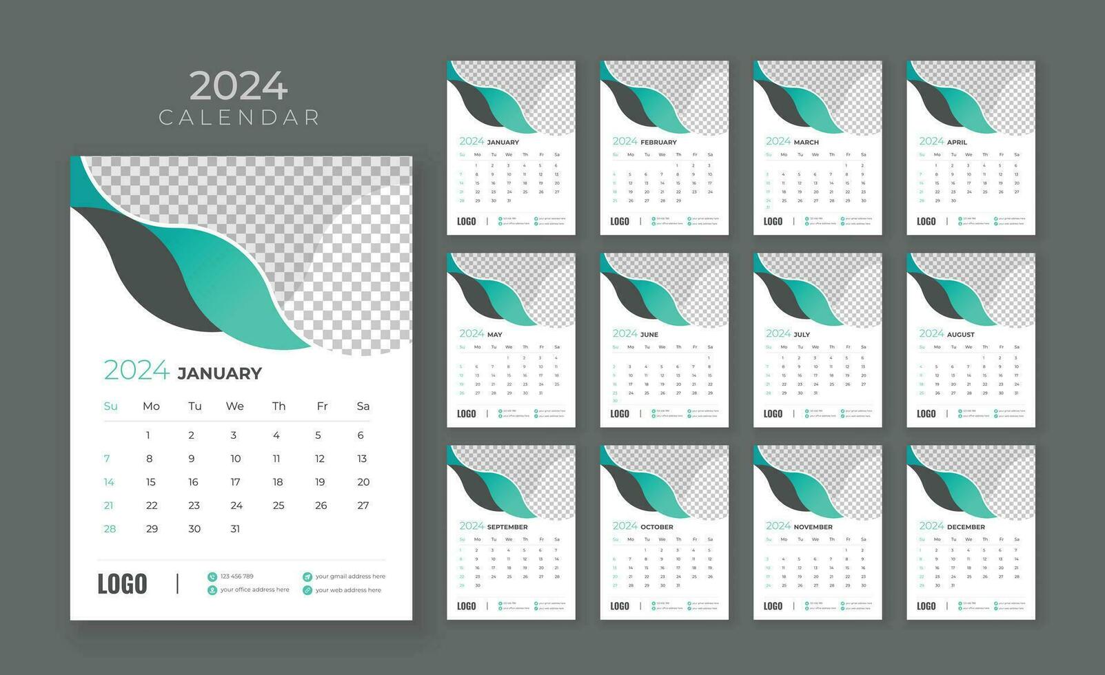 12 bladzijde muur kalender 2024, bedrijf kalender sjabloon, week begin zondag, muur kalender in een minimalistische stijl vector