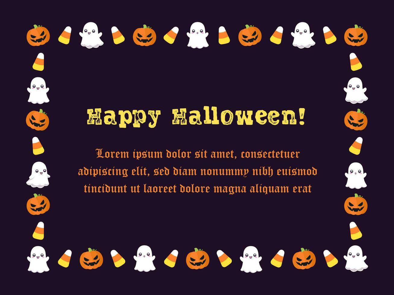 schattig halloween kaart kader sjabloon. rechthoek halloween grens ontwerp met tekenfilm geest, jack O lantaarn, pompoenen, snoep maïs. sociaal media banier vector illustratie