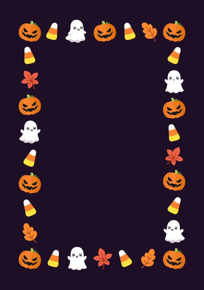 schattig verticaal rechthoek halloween kader sjabloon. rechthoekig halloween grens met tekenfilm geest, jack O lantaarn, pompoenen, snoep maïs. sociaal media banier vector illustratie