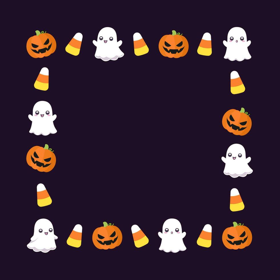 schattig halloween kaart krabbels. plein halloween kader grens ontwerp met tekenfilm geest, jack O lantaarn, pompoenen, snoep maïs. sociaal media banier sjabloon vector illustratie.