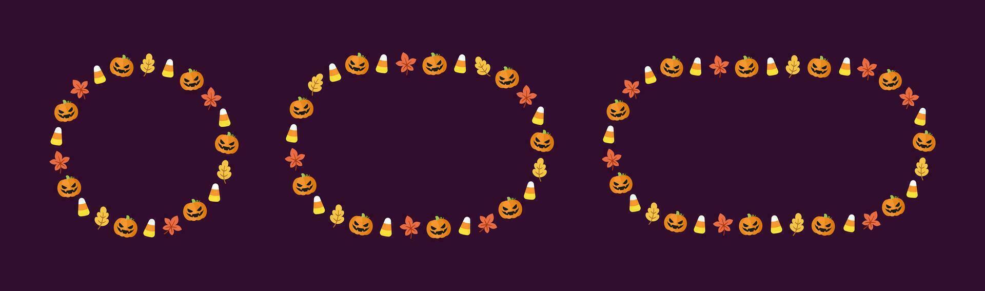 ronde halloween kader grens met tekenfilm jack O lantaarn, pompoenen, snoep maïs set. schattig halloween kaart sjabloon verzameling. vector illustraties.