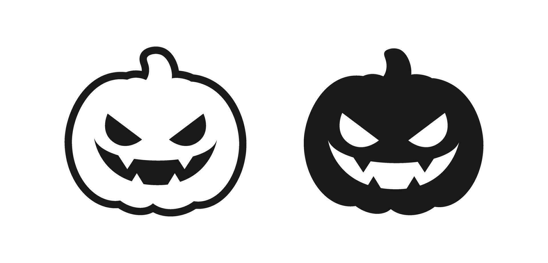 schattig gemakkelijk jack O lantaarn schets en silhouet icoon set. halloween onheil pompoen truc of traktatie teken symbool. vector illustratie.
