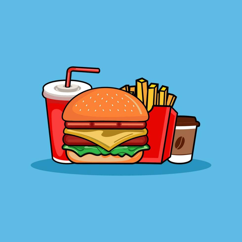 reeks van hamburger, Frans Patat, Frisdrank en koffie geïsoleerd. snel voedsel producten in vlak stijl Aan blauw achtergrond. vector illustratie
