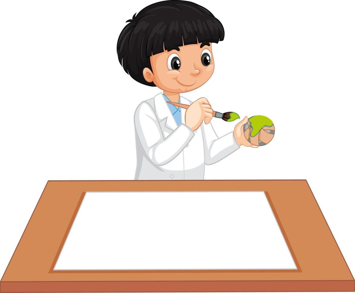 een jongen in een jurk van een wetenschapper met leeg papier op tafel vector