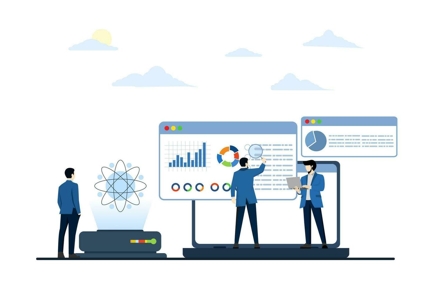 gegevens wetenschap concept met karakters. online gegevens opslagruimte technologie. geautomatiseerd web analyse, financieel voorspellingen, markt Onderzoek. modern vlak illustratie voor landen bladzijde, infografisch. vector