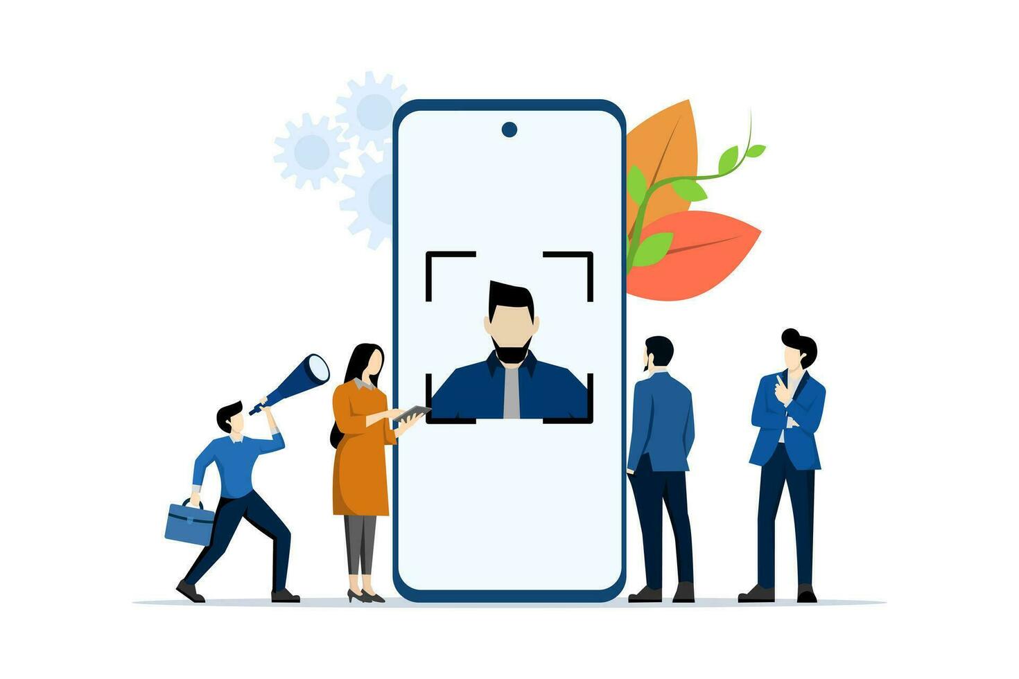 veiligheid concept gebruik makend van gelaats herkenning. gezicht herkenning gebruik makend van laser concept ID kaart, Mens Holding mobiel telefoon in zijn hand- en scannen app gezicht, modern technologie. vlak vector illustratie.