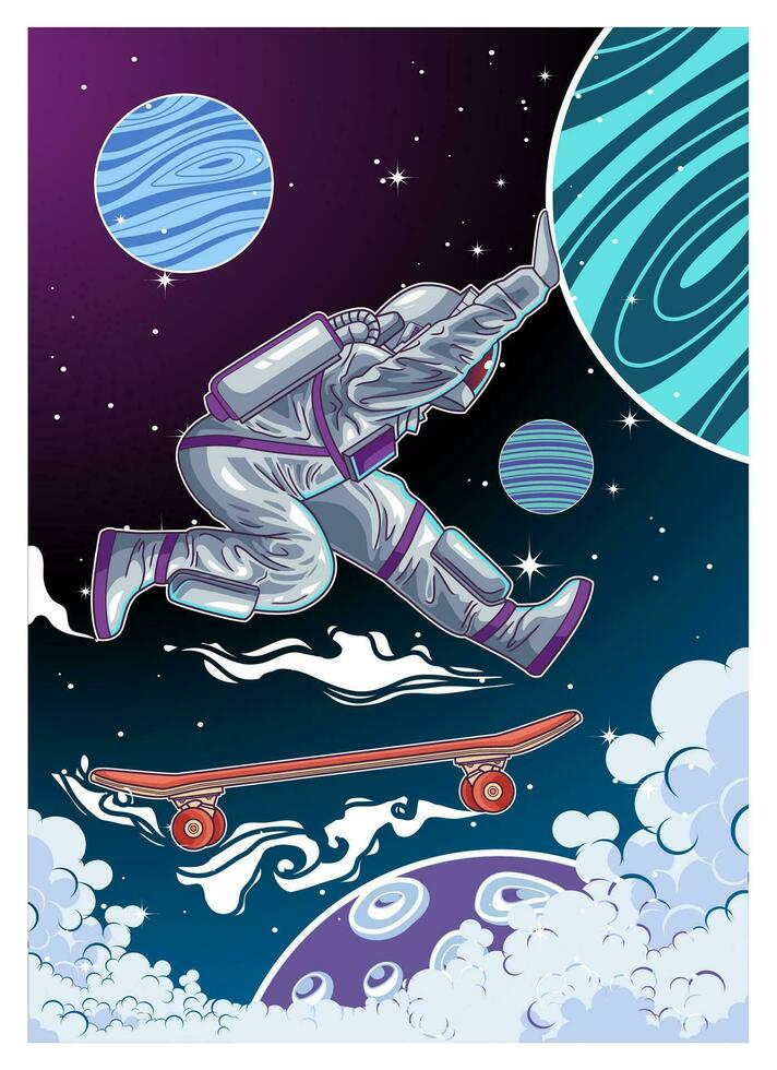 astronaut spelen skateboard in de ruimte vector