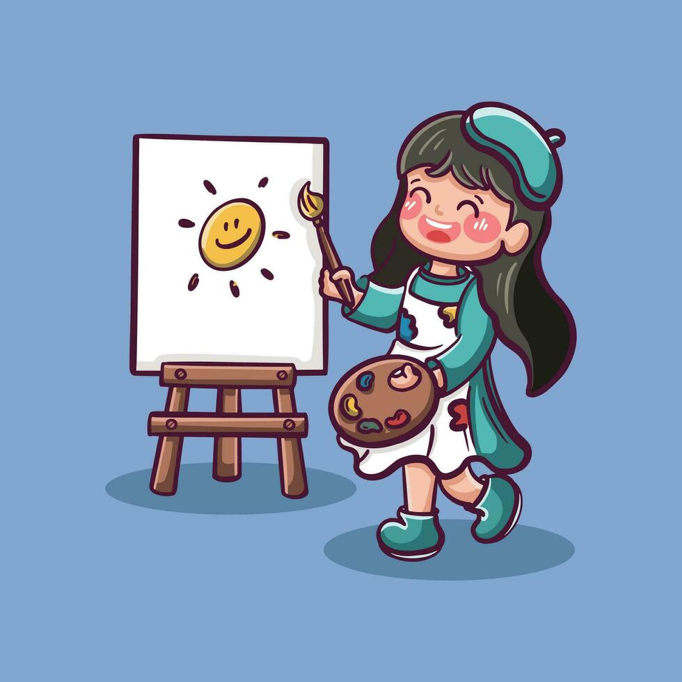 gelukkig schattig weinig kind meisje tekening Aan canvas vector