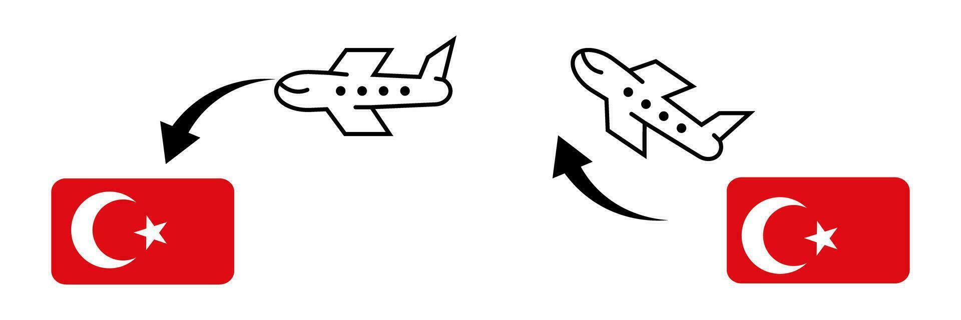 pictogrammen van vliegtuigen binnengaan en weggaan kalkoen. Turks vlag en vliegtuig pictogrammen. vector. vector