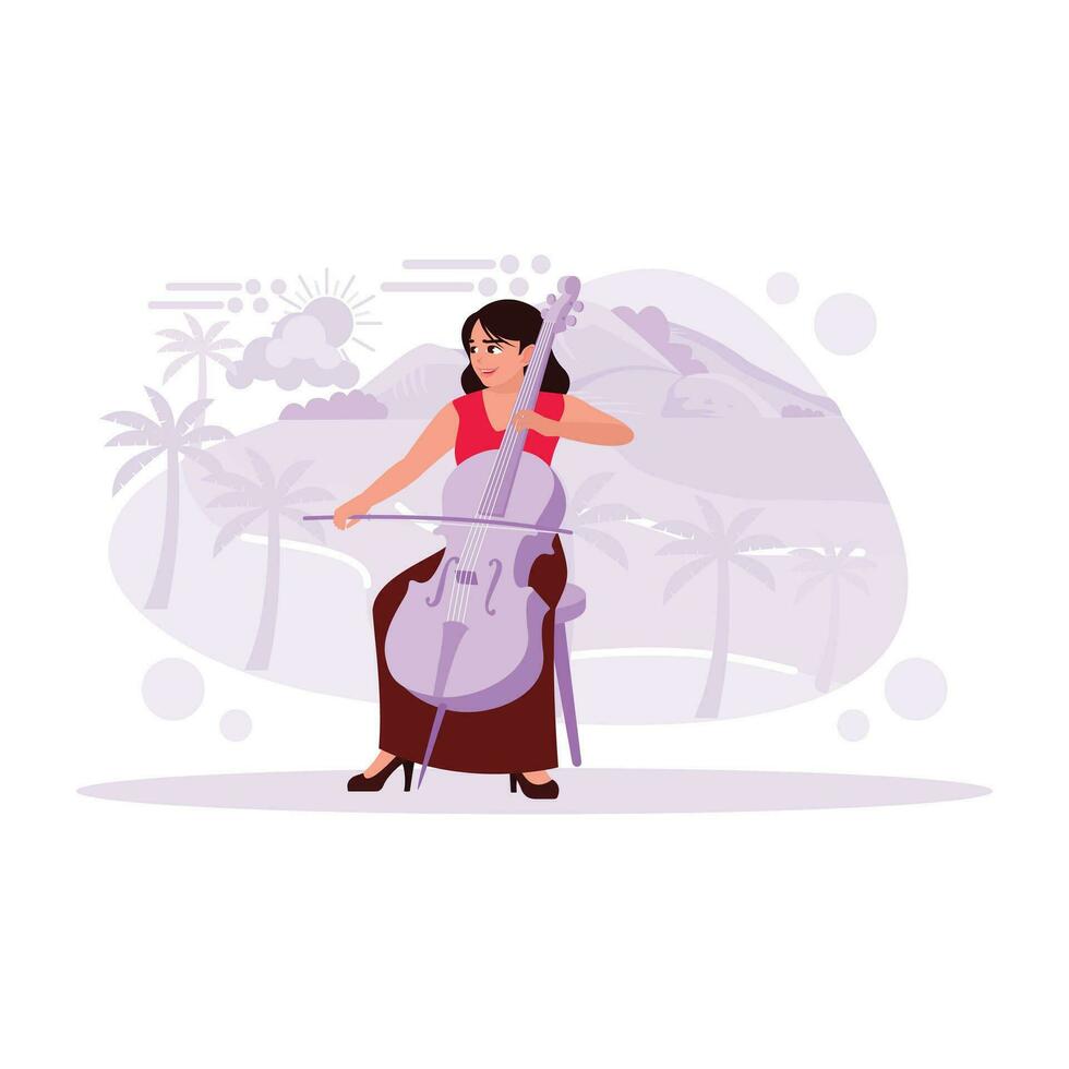 de vrouw cellist is verbijsterend Aan de strand Bij zonsondergang. neiging modern vector vlak illustratie.