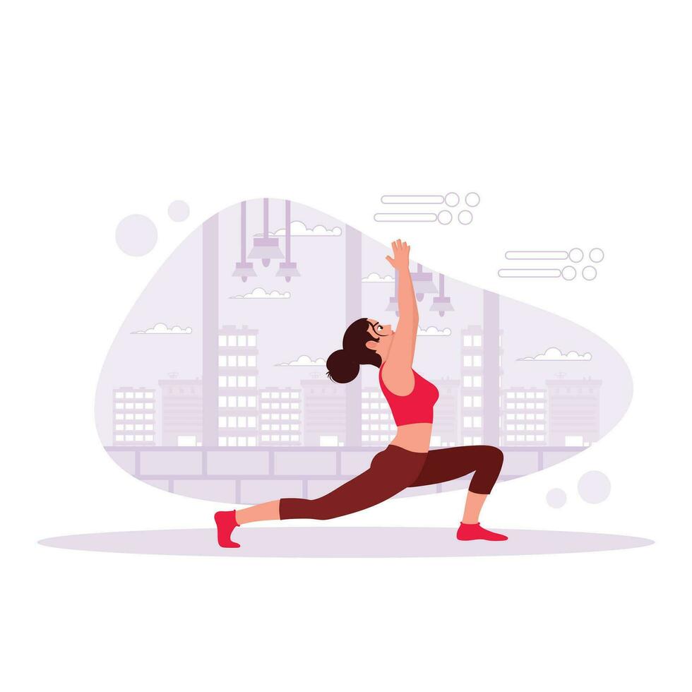 kant visie van een vrouw beoefenen yoga of pilates in een kamer met een visie van de gebouw. neiging modern vector vlak illustratie.