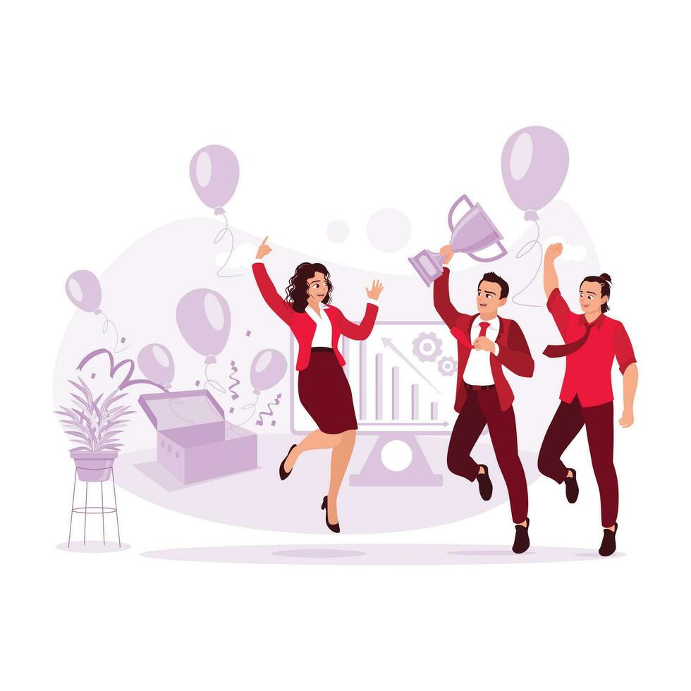 bedrijf mensen en medewerkers vieren succes, jumping gelukkig met trofeeën en omringd door ballonnen. neiging modern vector vlak illustratie.