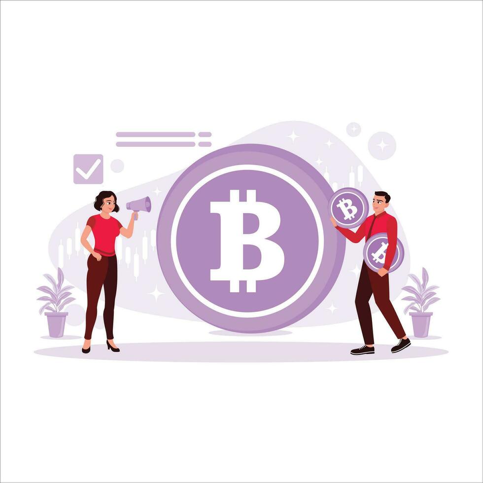 vrouw met een megafoon en een Mens met bitcoins. geld en bitcoin investering concept. neiging modern vector vlak illustratie.