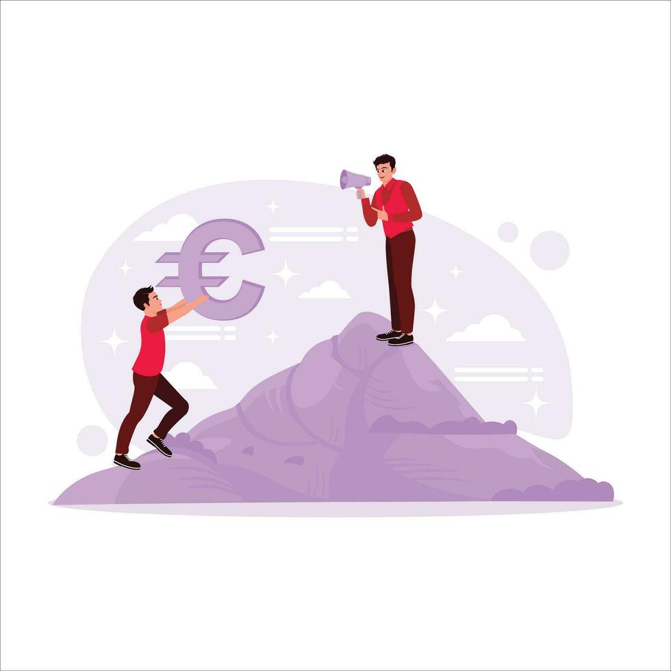 de baas Aan de berg spreekt in een megafoon naar een werknemer draag- een significant euro symbool. neiging modern vector vlak illustratie.