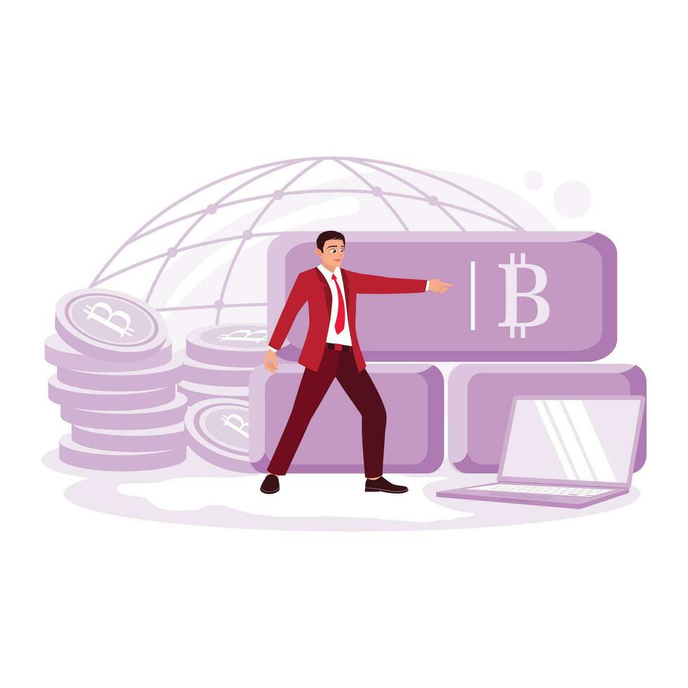 jong zakenman drukken bitcoin icoon en symbool. financiën, cryptovaluta, en online transactie concept. neiging modern vector vlak illustratie.