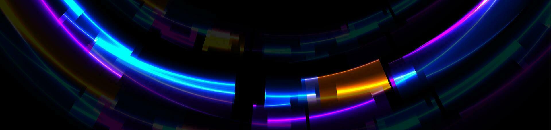 abstract tech gloeiend neon lijnen vector banier met glitch effect