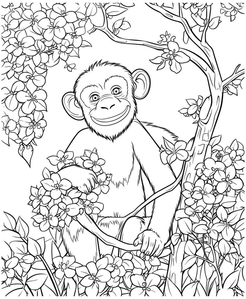 chimpansee met bloemen kleur bladzijde vector