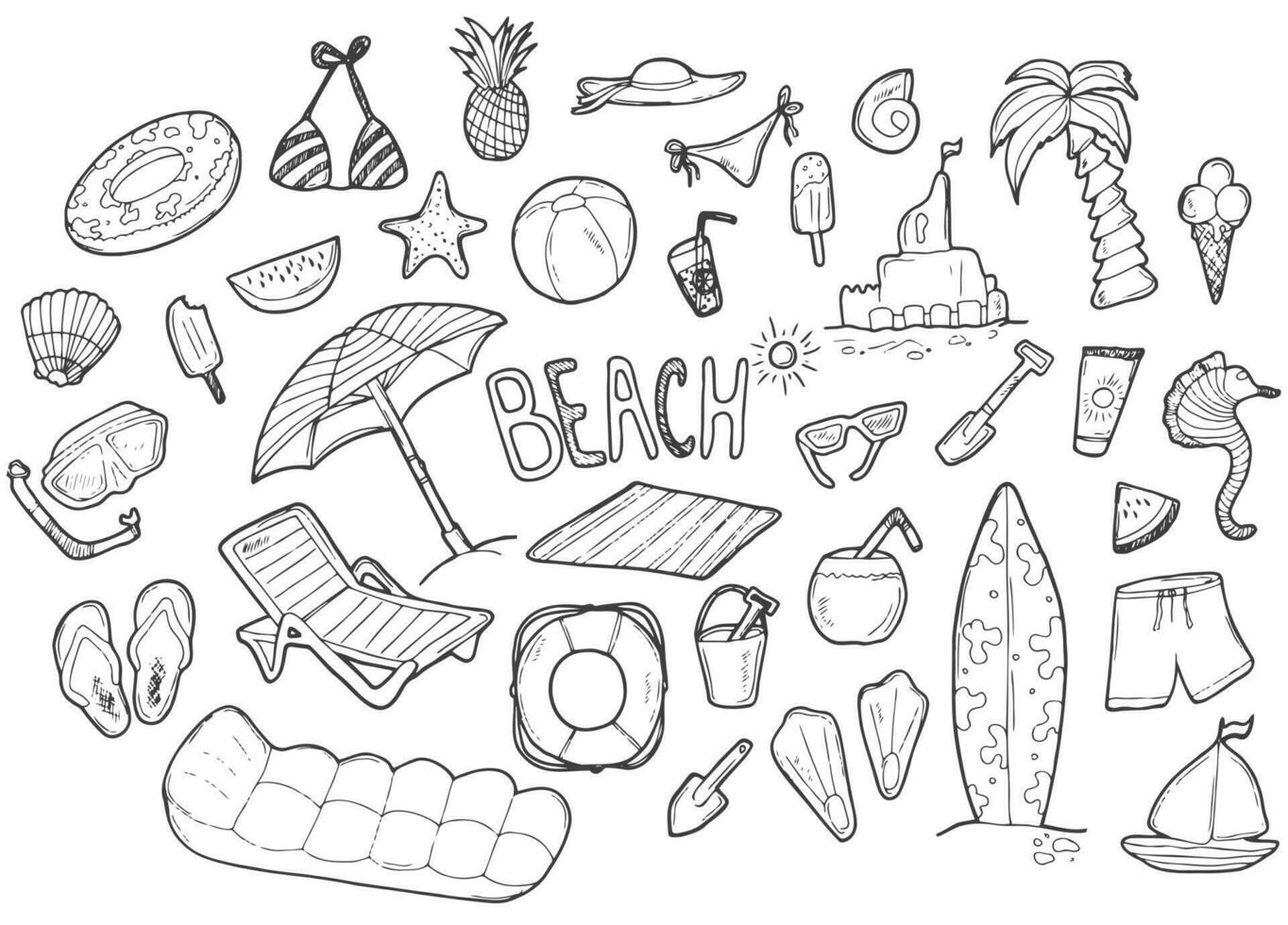 strand thema tekening set. divers kust sport activiteiten en ontspanning - surfen, duiken, zwemmen, zon bruinen. vector