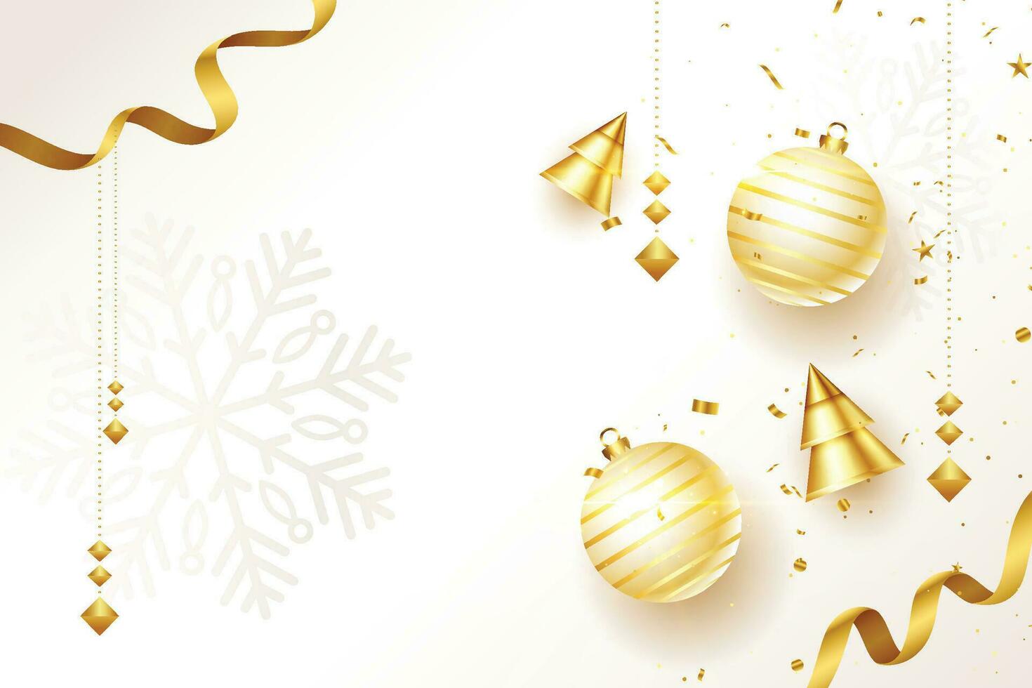 vrolijk Kerstmis en gelukkig nieuw jaar. achtergrond hangende goud en wit ballen met lint en boog. Kerstmis groet kaart met decoratief snuisterij vector