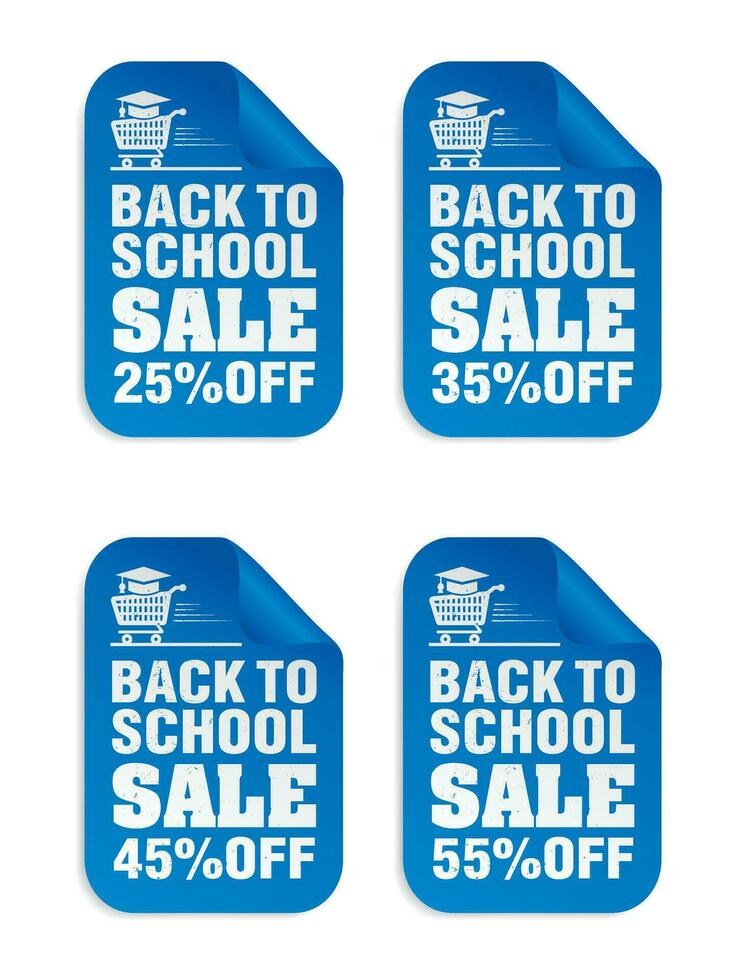 terug naar school- uitverkoop 25, 35, 45, 55 uit korting blauw stickers reeks vector