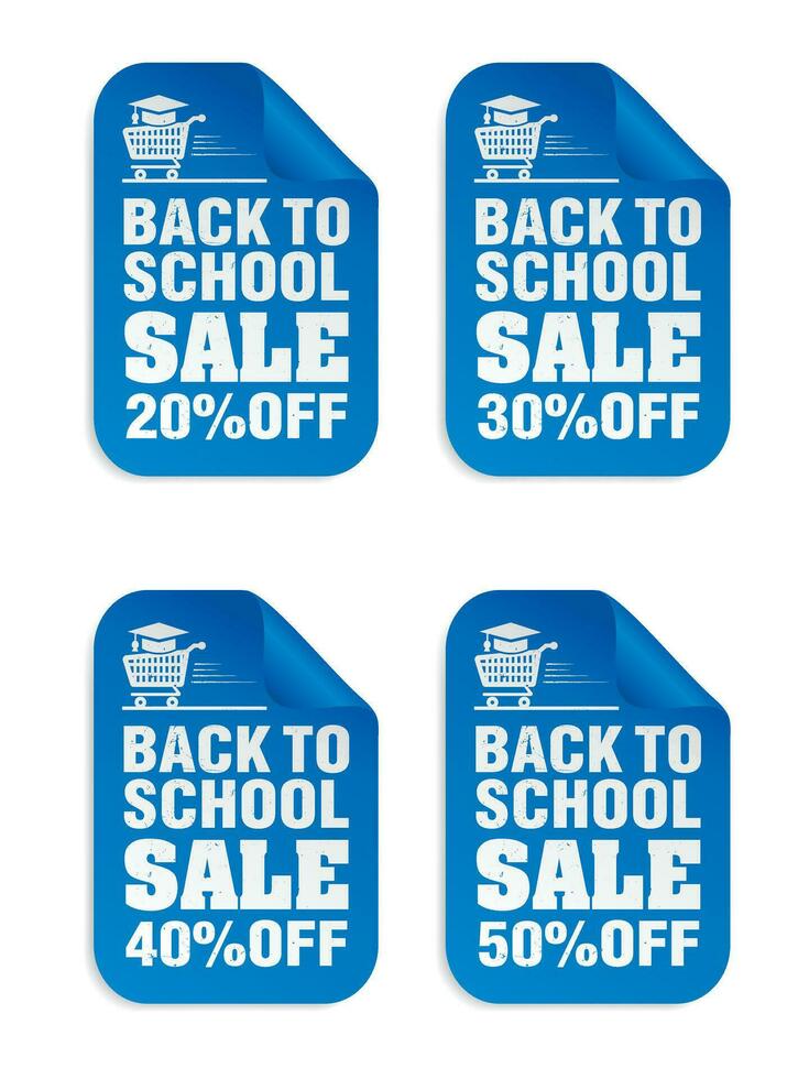 terug naar school- uitverkoop 20, 30, 40, 50 uit korting blauw stickers reeks vector