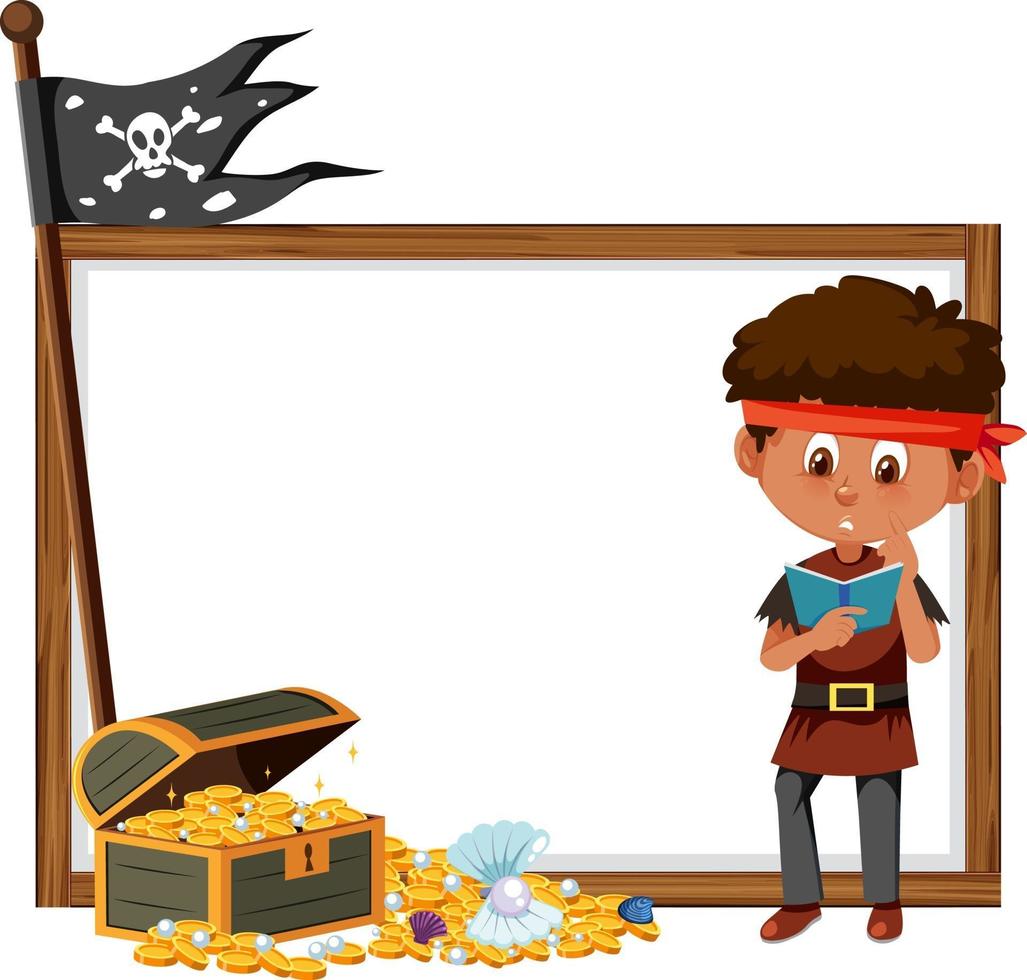 een stripfiguur van een piratenjongen met een lege bannersjabloon vector